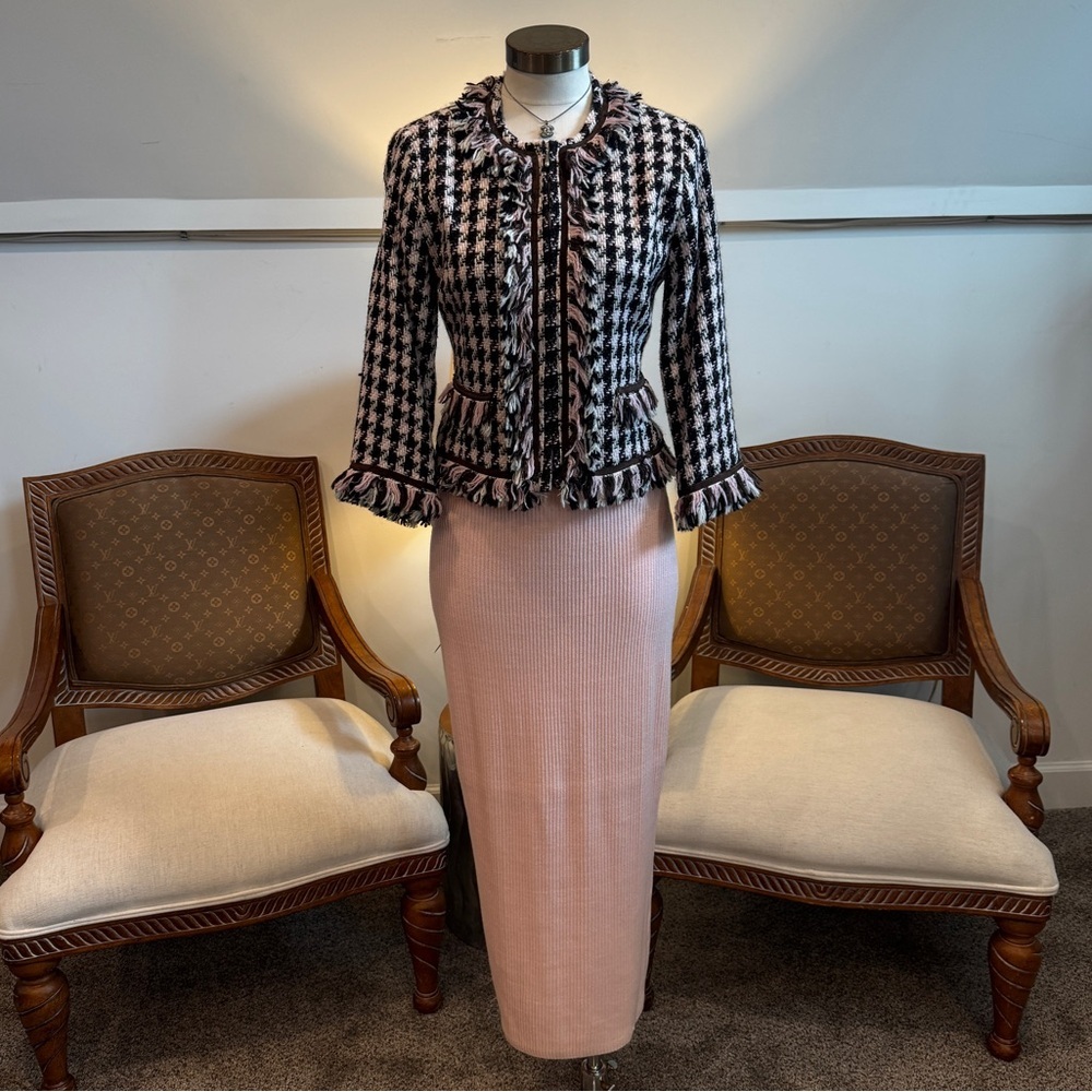 Vintage 90s Pink Tweed Knit Blazer Jacket and Skirt Suit Set, Preppy Office Chic